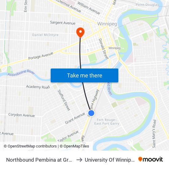 Northbound Pembina at Grant to University Of Winnipeg map