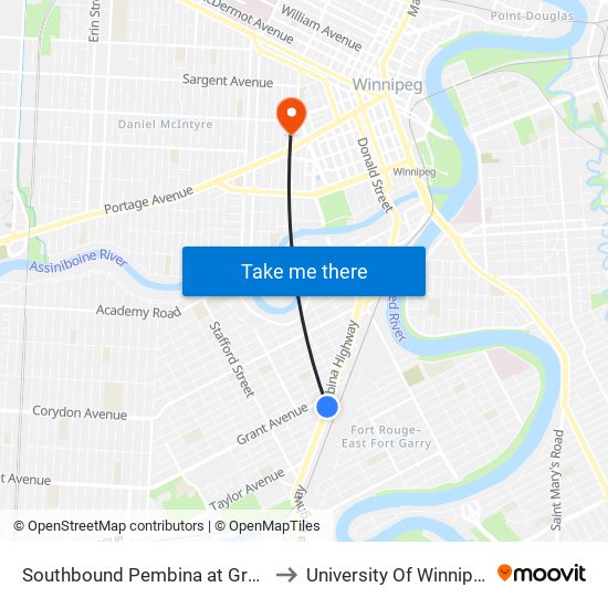 Southbound Pembina at Grant to University Of Winnipeg map