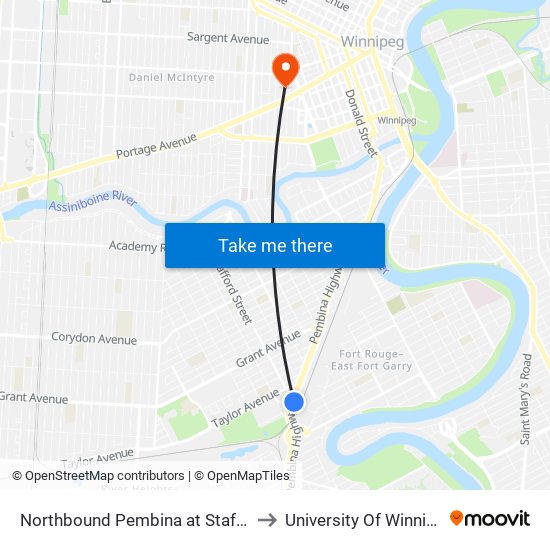 Northbound Pembina at Stafford to University Of Winnipeg map