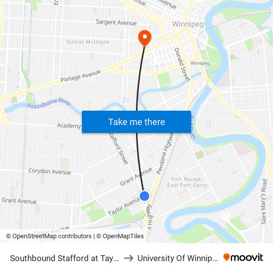 Southbound Stafford at Taylor to University Of Winnipeg map