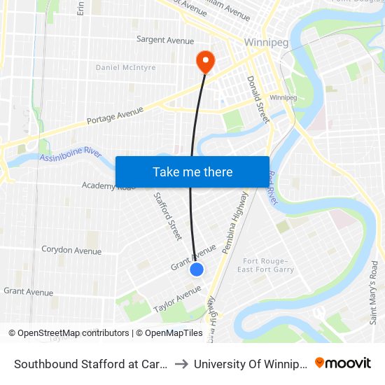 Southbound Stafford at Carter to University Of Winnipeg map