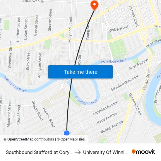 Southbound Stafford at Corydon to University Of Winnipeg map