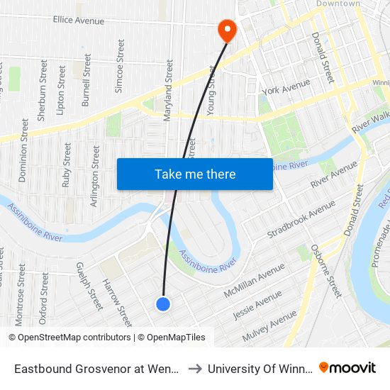 Eastbound Grosvenor at Wentworth to University Of Winnipeg map