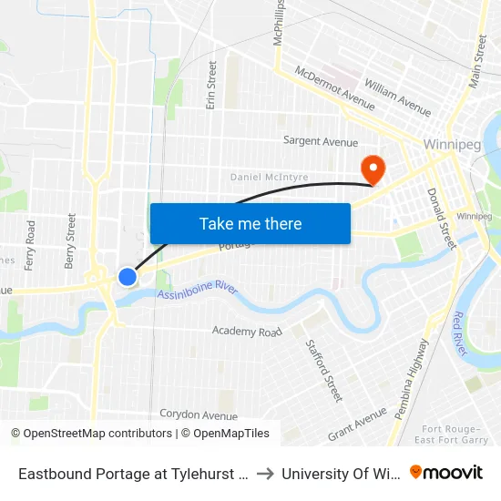 Eastbound Portage at Tylehurst (Polo Park) to University Of Winnipeg map