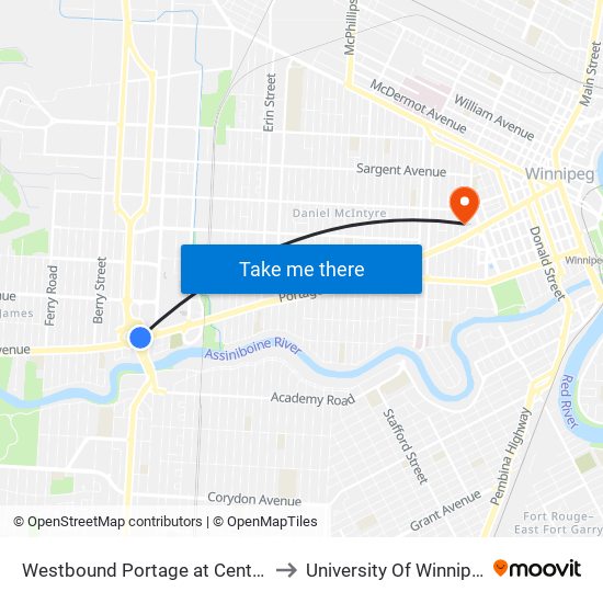 Westbound Portage at Century to University Of Winnipeg map