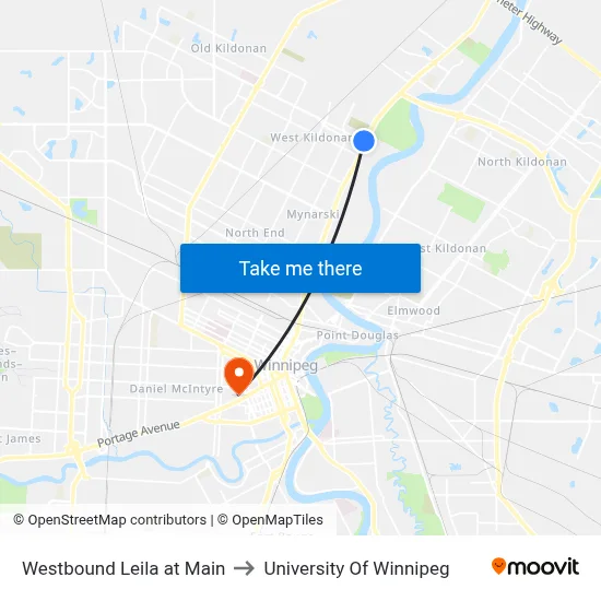 Westbound Leila at Main to University Of Winnipeg map