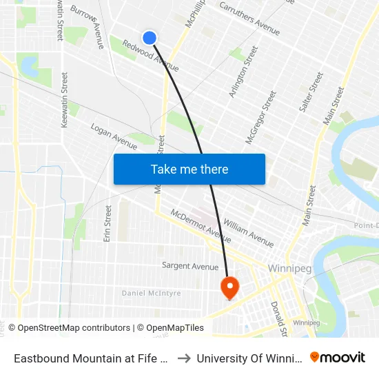 Eastbound Mountain at Fife West to University Of Winnipeg map