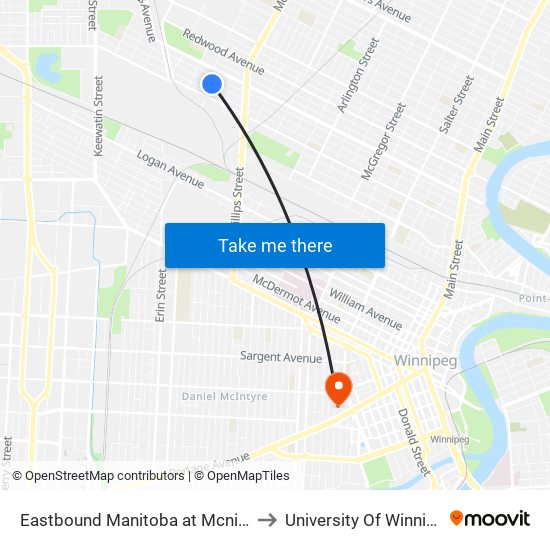Eastbound Manitoba at Mcnichol to University Of Winnipeg map