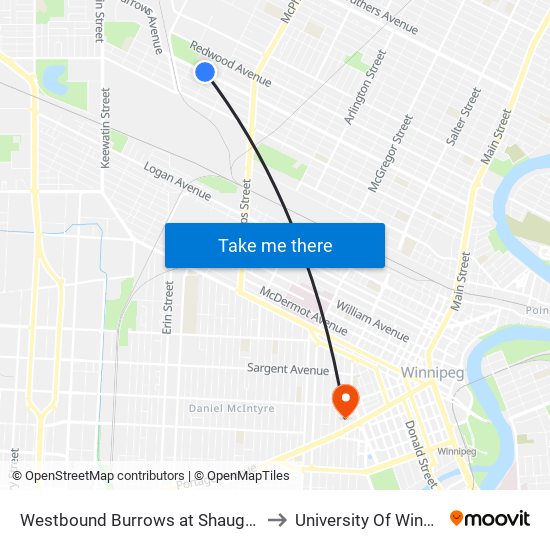 Westbound Burrows at Shaughnessy to University Of Winnipeg map