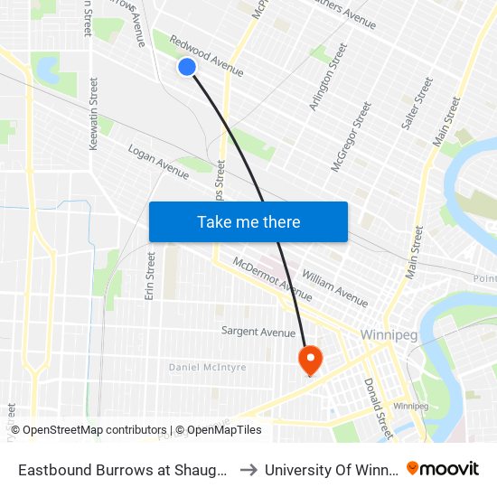 Eastbound Burrows at Shaughnessy to University Of Winnipeg map