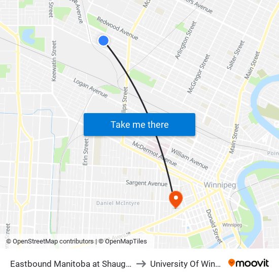 Eastbound Manitoba at Shaughnessy to University Of Winnipeg map