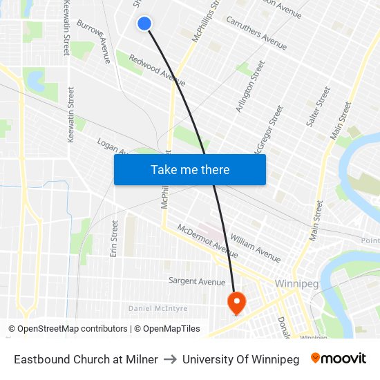 Eastbound Church at Milner to University Of Winnipeg map