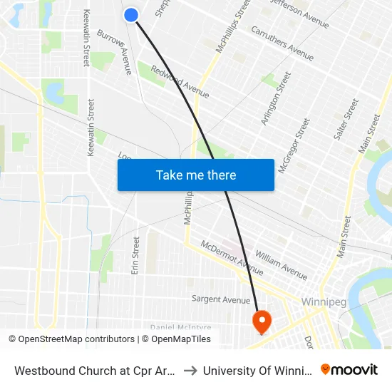 Westbound Church at Cpr Arborg to University Of Winnipeg map