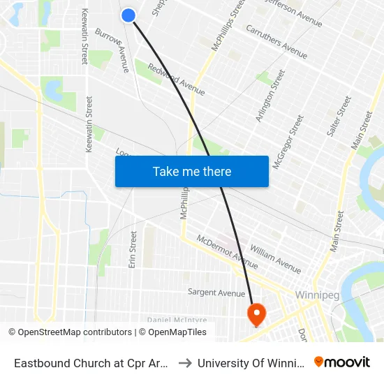 Eastbound Church at Cpr Arborg to University Of Winnipeg map
