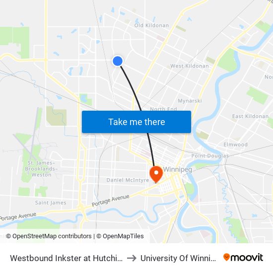 Westbound Inkster at Hutchings to University Of Winnipeg map