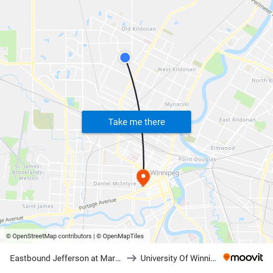 Eastbound Jefferson at Marbury to University Of Winnipeg map