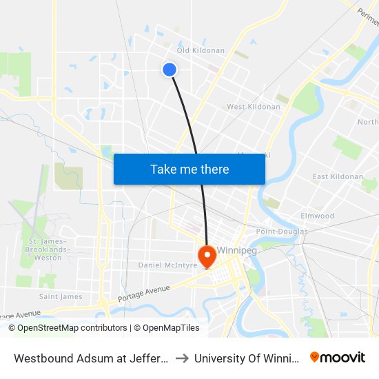 Westbound Adsum at Jefferson to University Of Winnipeg map