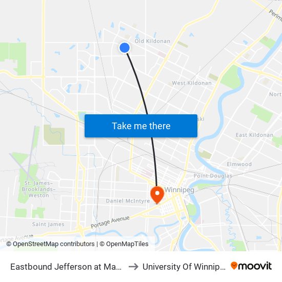 Eastbound Jefferson at Manila to University Of Winnipeg map