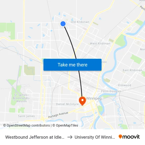 Westbound Jefferson at Idlewild to University Of Winnipeg map