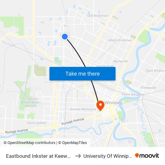 Eastbound Inkster at Keewatin to University Of Winnipeg map