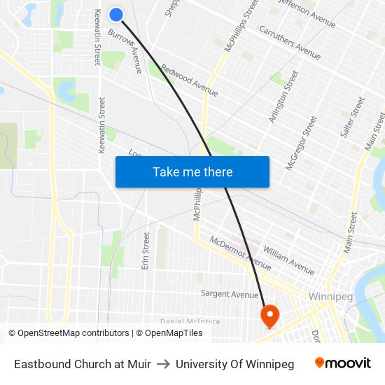 Eastbound Church at Muir to University Of Winnipeg map
