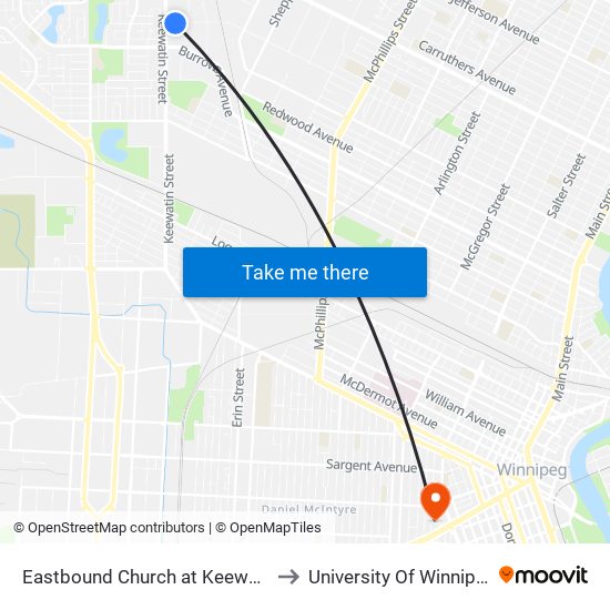 Eastbound Church at Keewatin to University Of Winnipeg map