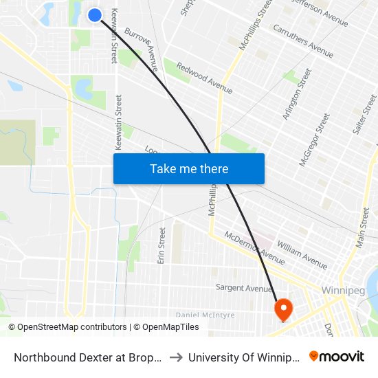 Northbound Dexter at Brophy to University Of Winnipeg map