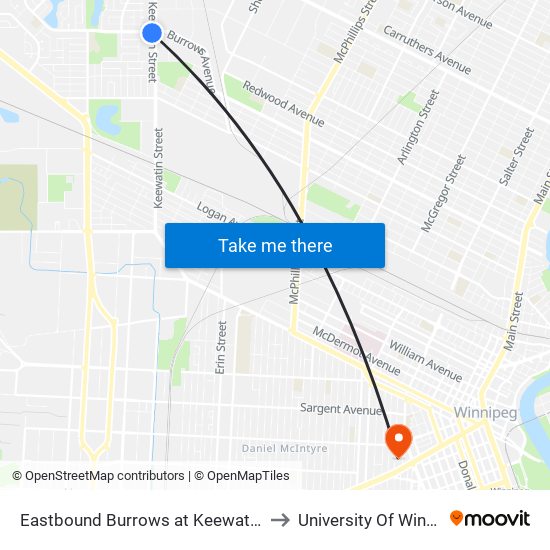 Eastbound Burrows at Keewatin West to University Of Winnipeg map