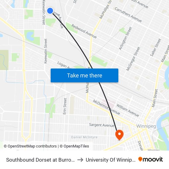 Southbound Dorset at Burrows to University Of Winnipeg map