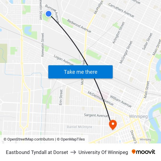Eastbound Tyndall at Dorset to University Of Winnipeg map