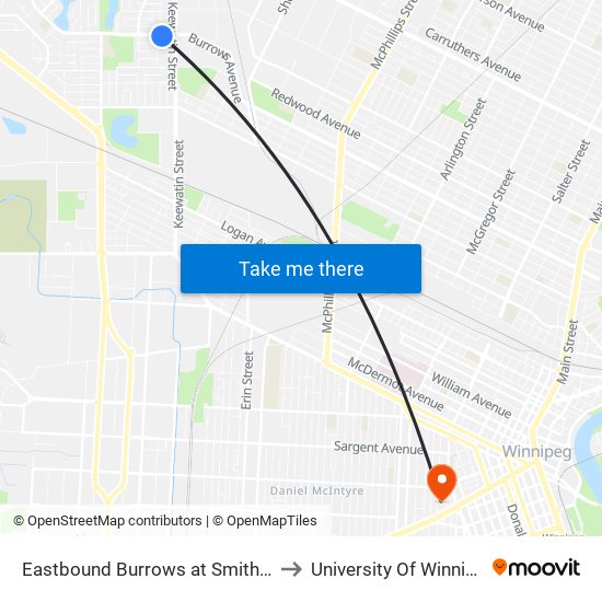 Eastbound Burrows at Smithurst to University Of Winnipeg map