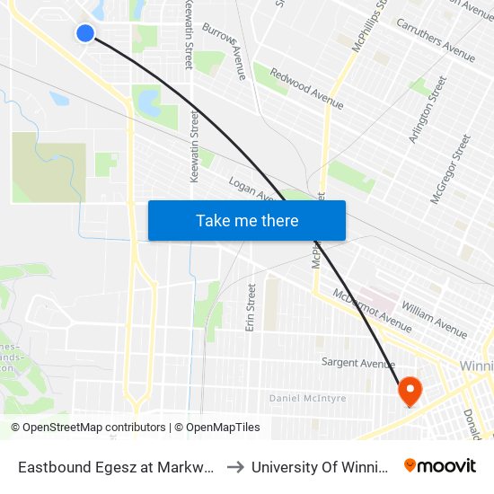 Eastbound Egesz at Markwood to University Of Winnipeg map