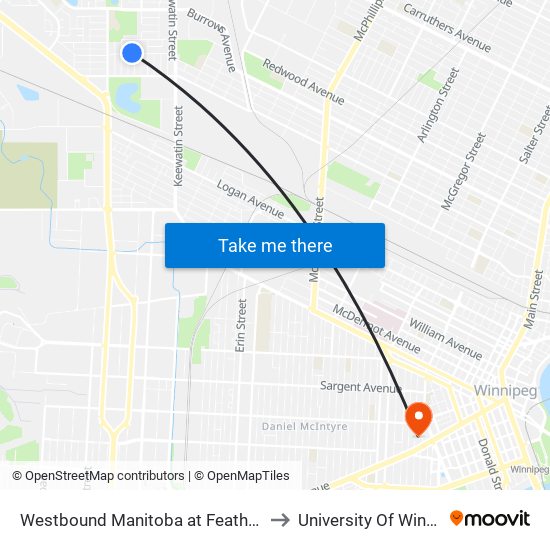 Westbound Manitoba at Featherstone to University Of Winnipeg map