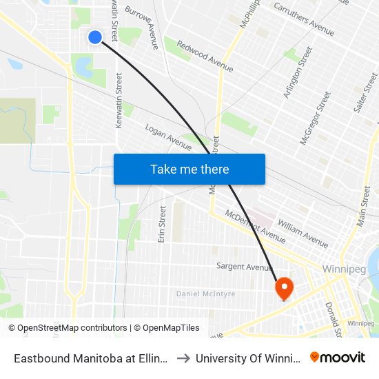 Eastbound Manitoba at Ellington to University Of Winnipeg map