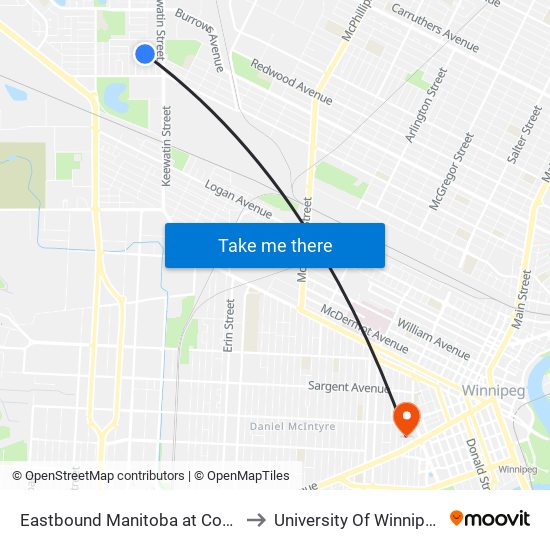 Eastbound Manitoba at Code to University Of Winnipeg map