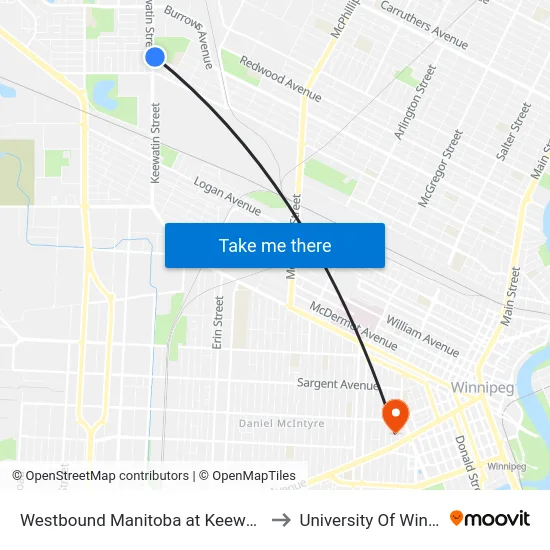 Westbound Manitoba at Keewatin East to University Of Winnipeg map