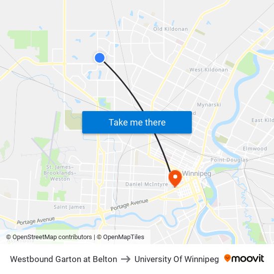 Westbound Garton at Belton to University Of Winnipeg map