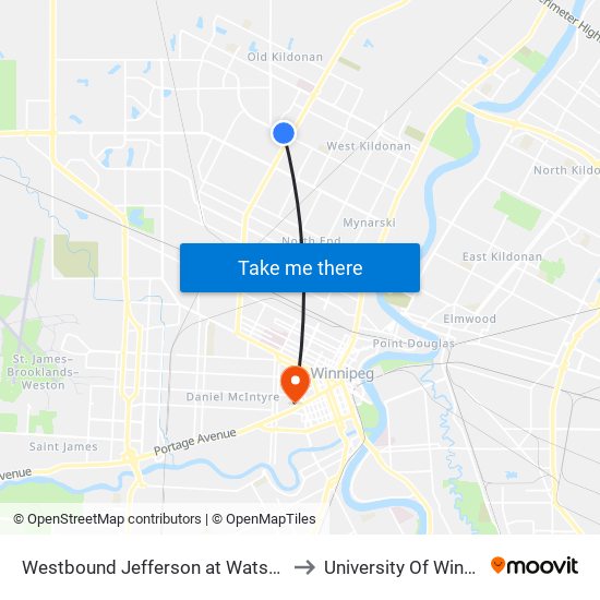 Westbound Jefferson at Watson East to University Of Winnipeg map