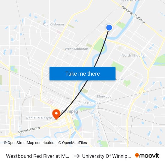 Westbound Red River at Main to University Of Winnipeg map