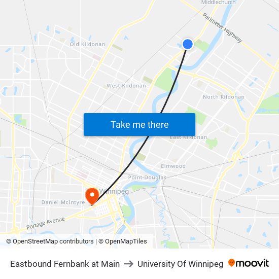 Eastbound Fernbank at Main to University Of Winnipeg map