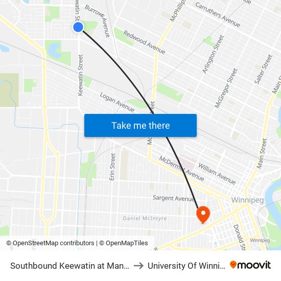 Southbound Keewatin at Manitoba to University Of Winnipeg map