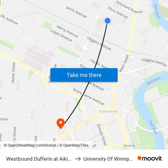 Westbound Dufferin at Aikins to University Of Winnipeg map