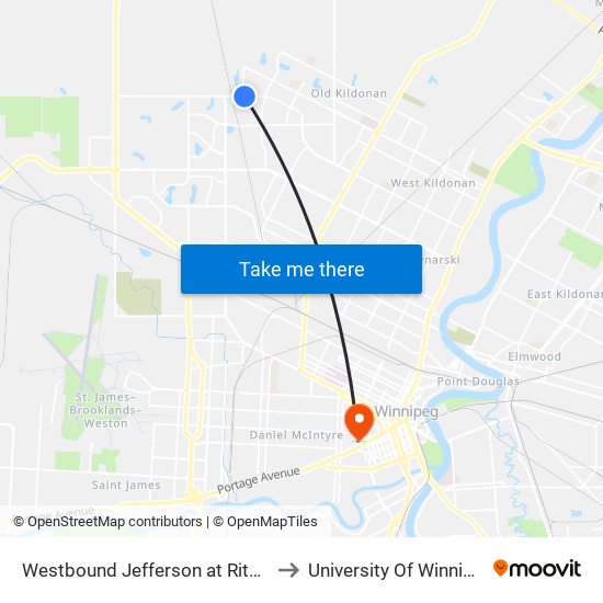 Westbound Jefferson at Ritchie to University Of Winnipeg map