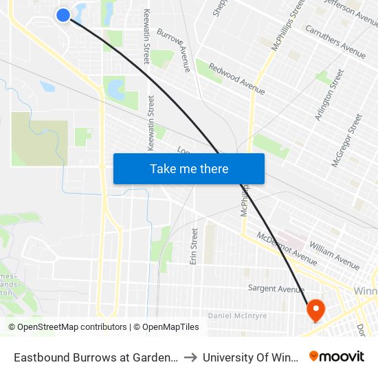 Eastbound Burrows at Garden Grove to University Of Winnipeg map