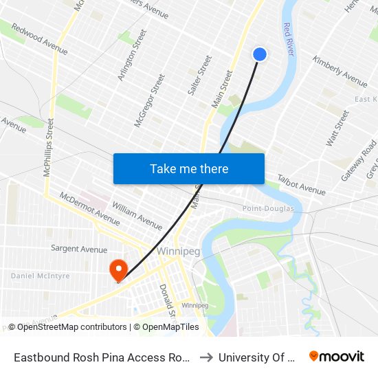 Eastbound Rosh Pina Access Road at Rosh Pina to University Of Winnipeg map