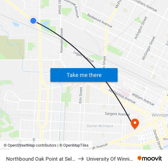 Northbound Oak Point at Selkirk to University Of Winnipeg map