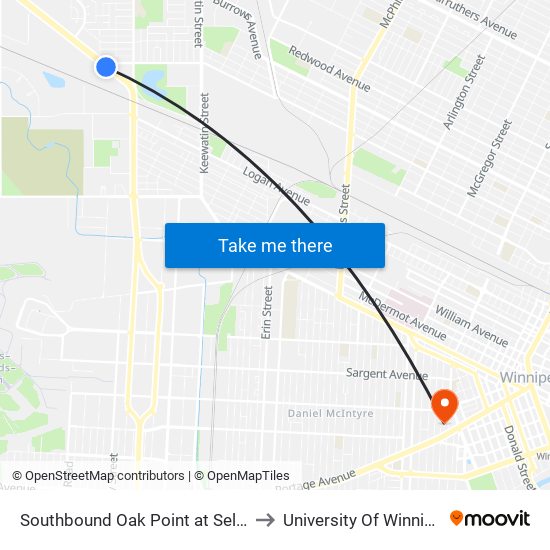 Southbound Oak Point at Selkirk to University Of Winnipeg map