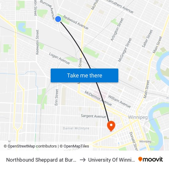 Northbound Sheppard at Burrows to University Of Winnipeg map