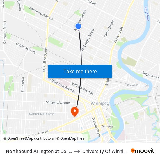 Northbound Arlington at College to University Of Winnipeg map