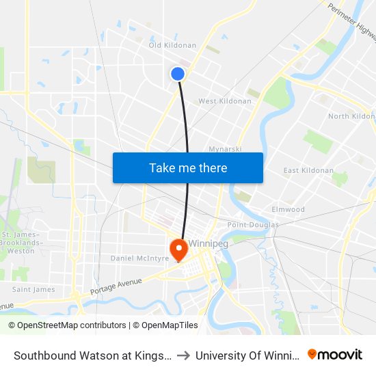 Southbound Watson at Kingsbury to University Of Winnipeg map